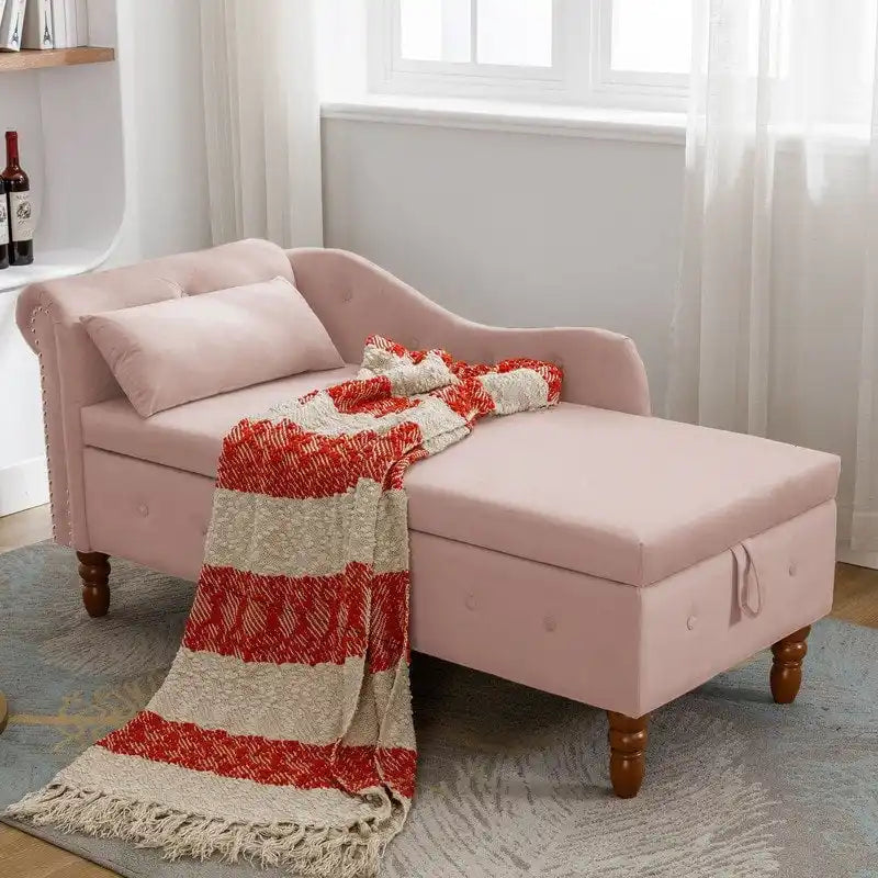 Chaise longue moderna tapizada en terciopelo con brazos enrollados, almacenamiento y cojín