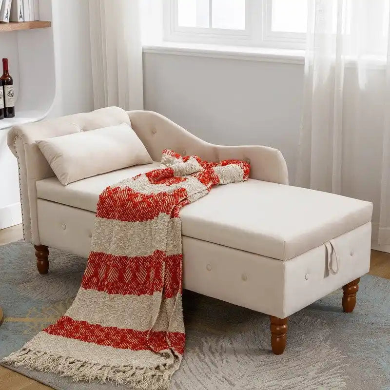Chaise longue moderna tapizada en terciopelo con brazos enrollados, almacenamiento y cojín