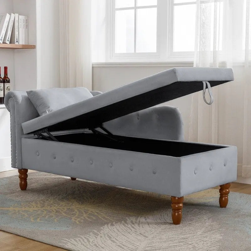 Chaise longue moderna tapizada en terciopelo con brazos enrollados, almacenamiento y cojín