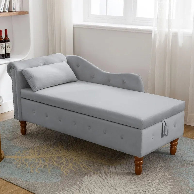 Chaise longue moderna tapizada en terciopelo con brazos enrollados, almacenamiento y cojín