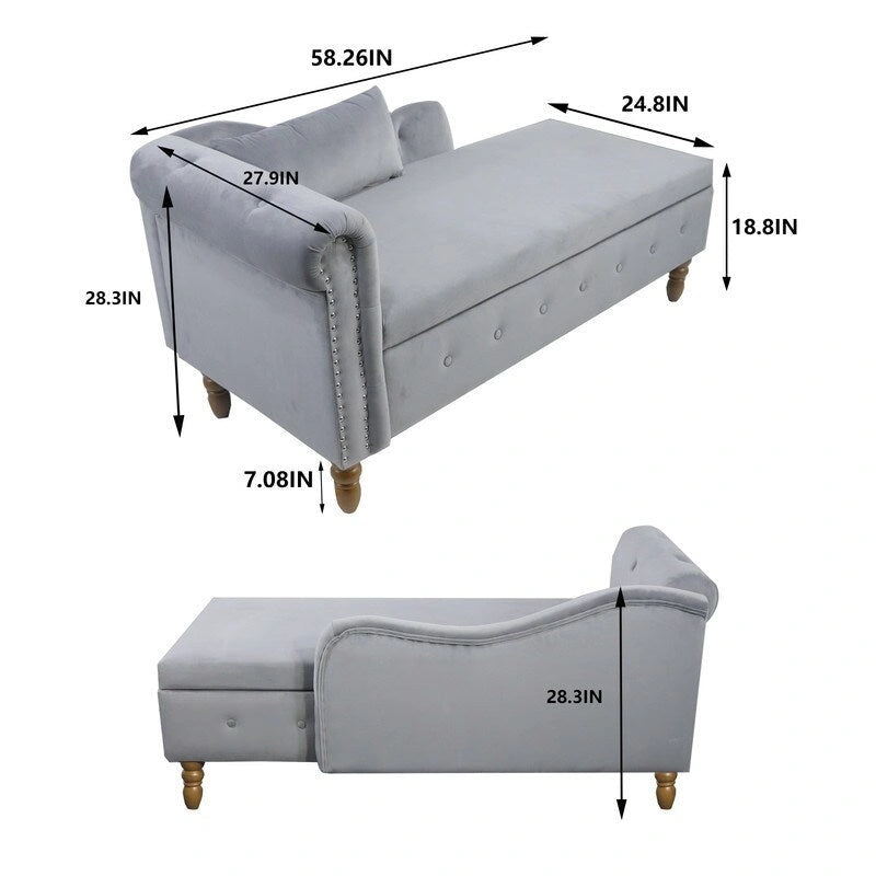 Moderne Chaiselongue mit Samtbezug, gerollten Armlehnen, Stauraum und Kissen