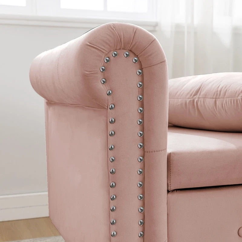 Moderne Chaiselongue mit Samtbezug, gerollten Armlehnen, Stauraum und Kissen