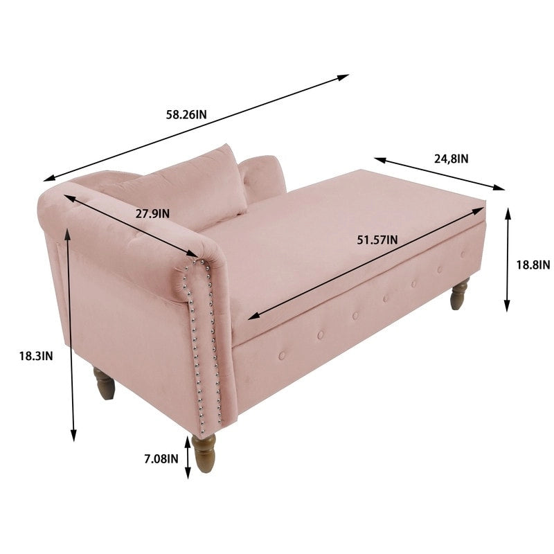 Moderne Chaiselongue mit Samtbezug, gerollten Armlehnen, Stauraum und Kissen