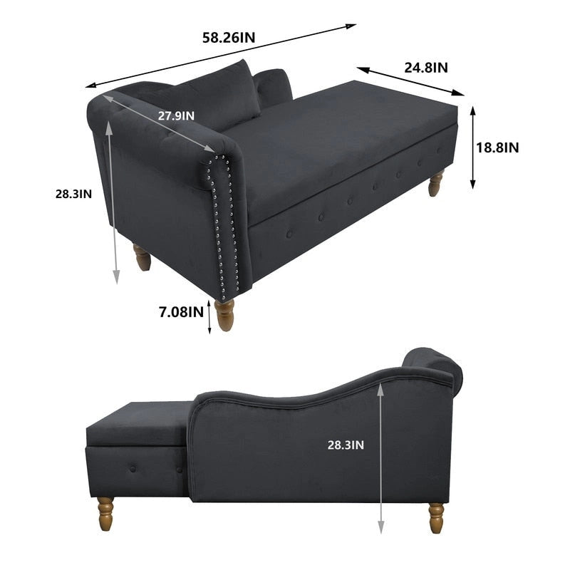 Moderne Chaiselongue mit Samtbezug, gerollten Armlehnen, Stauraum und Kissen