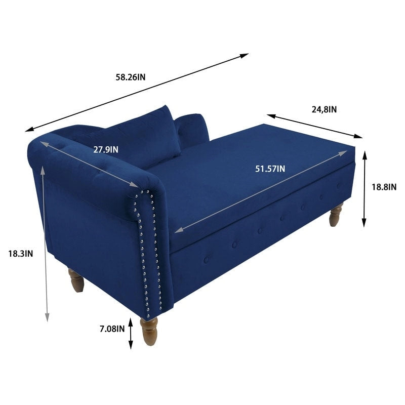 Moderne Chaiselongue mit Samtbezug, gerollten Armlehnen, Stauraum und Kissen
