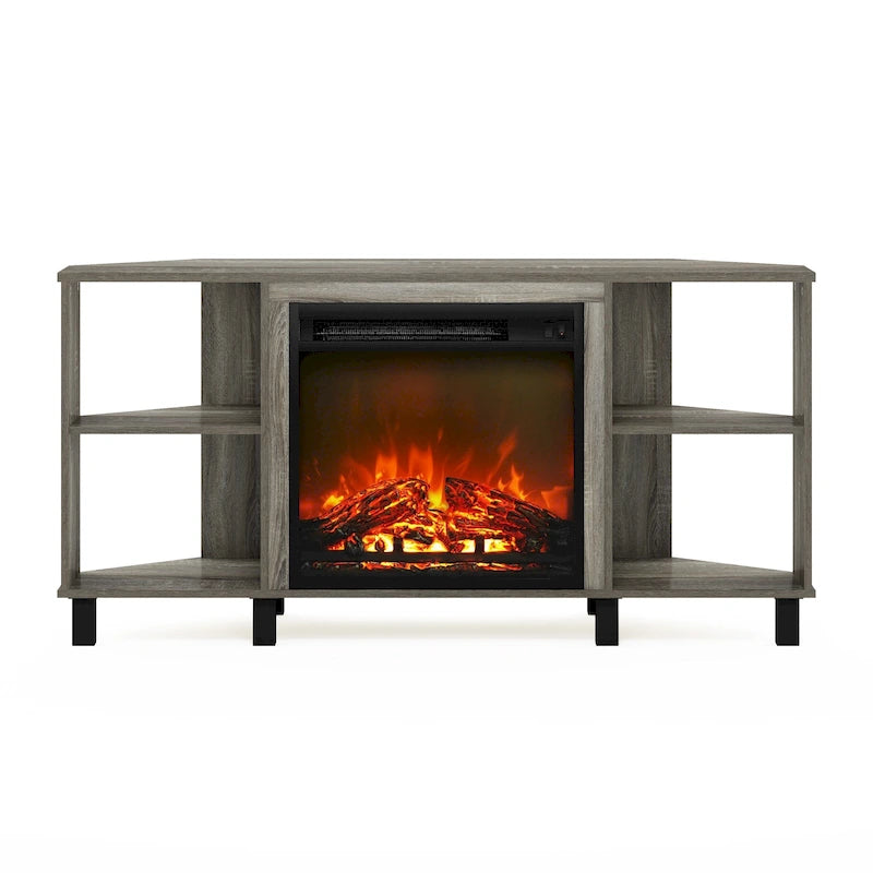 Mueble de TV esquinero con chimenea y patas de metal para televisores de hasta 55 pulgadas