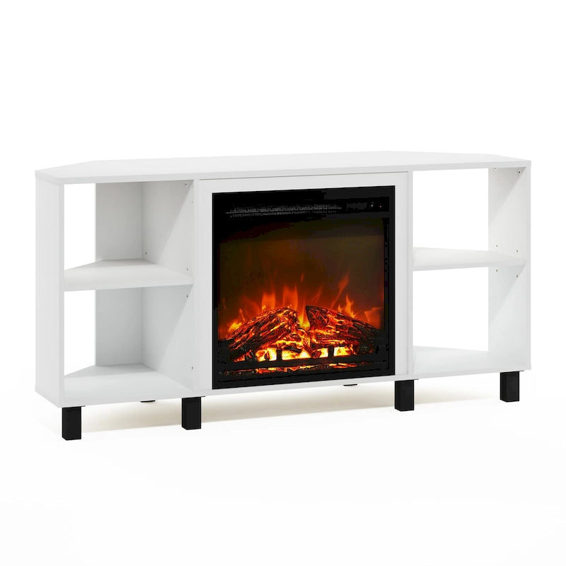 Mueble de TV esquinero con chimenea y patas de metal para televisores de hasta 55 pulgadas