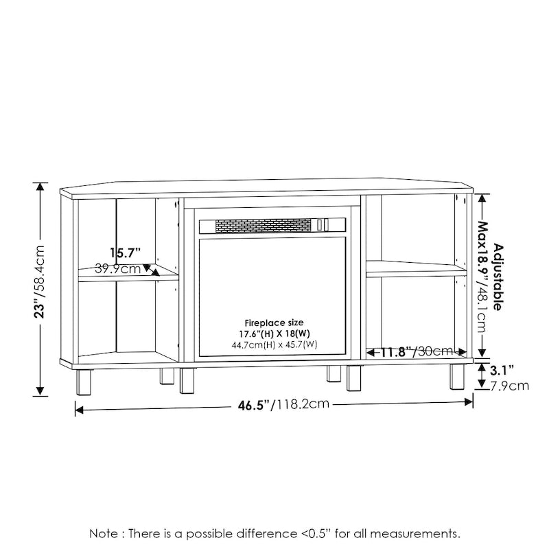 Mueble de TV esquinero con chimenea y patas de metal para televisores de hasta 55 pulgadas