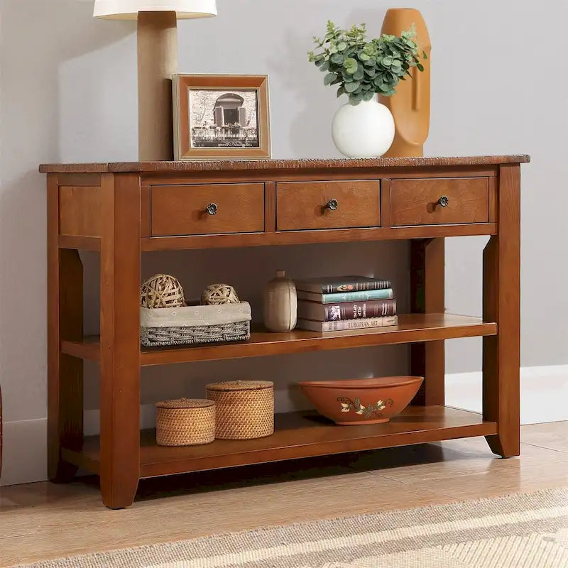 48-inch consoletafel met blad van massief grenenhout en 3 opbergladen