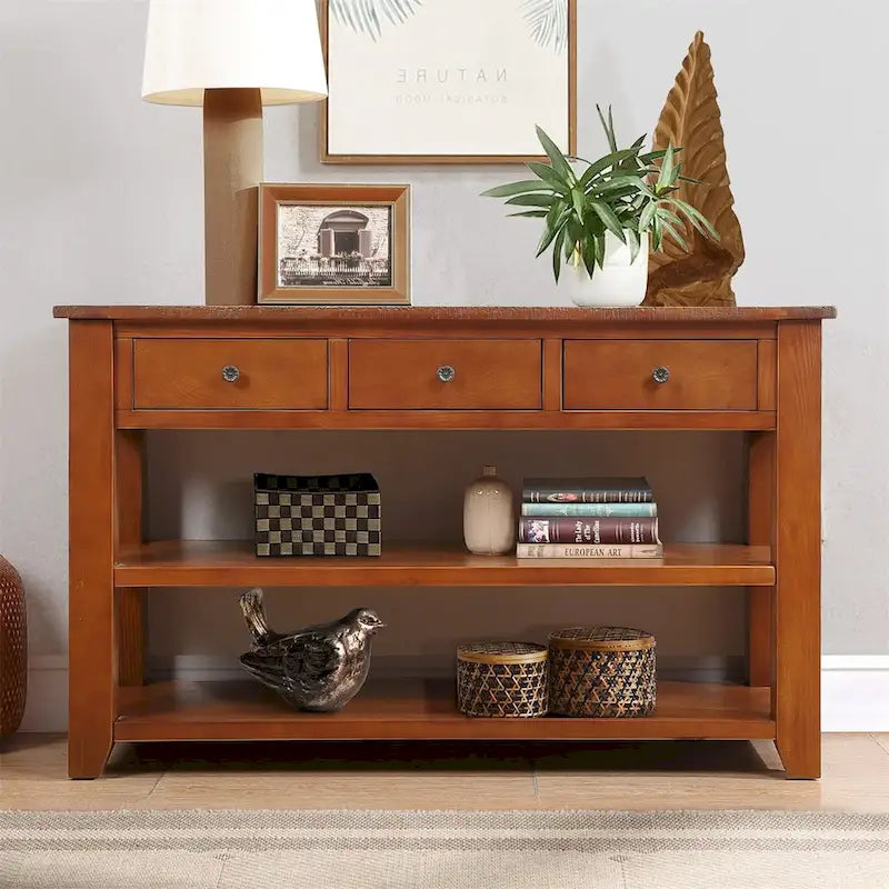 48-inch consoletafel met blad van massief grenenhout en 3 opbergladen
