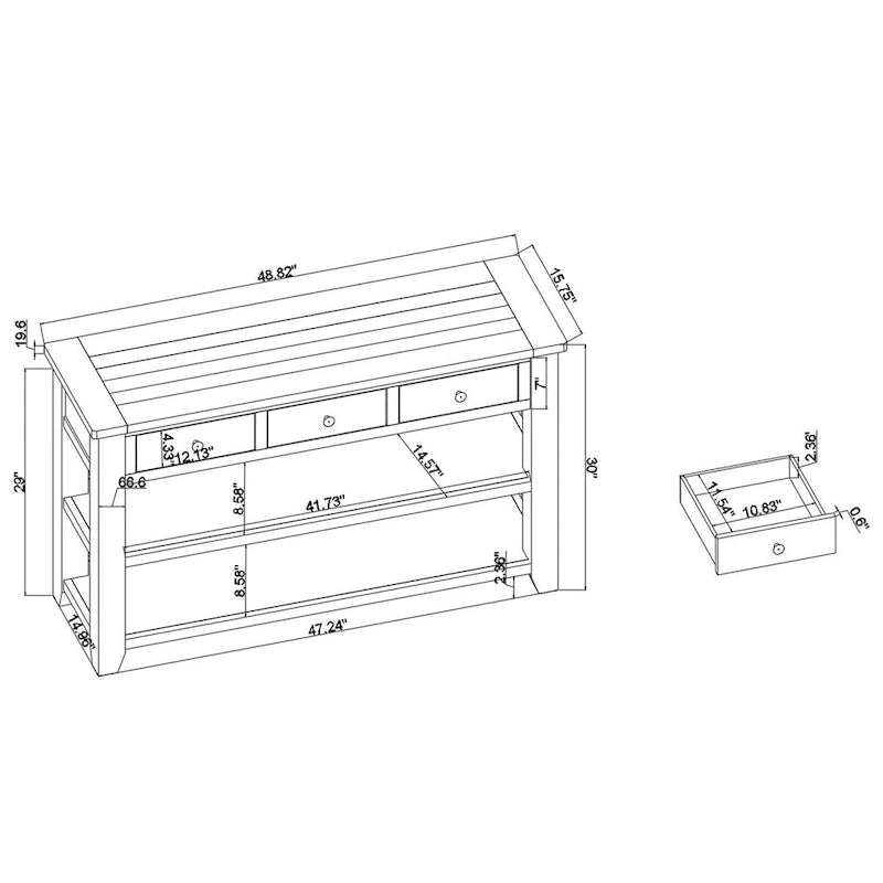 48-inch consoletafel met blad van massief grenenhout en 3 opbergladen