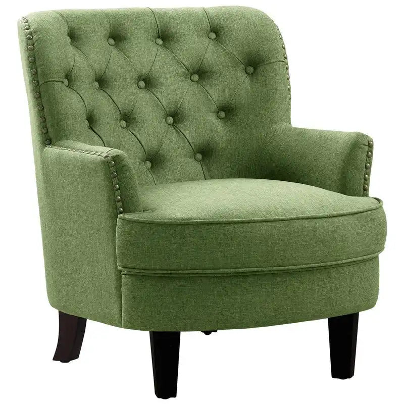 Akzentsessel mit Samt- und Leinenbezug, 76 cm breit, mit Knopfheftung und Wingback-Rücken
