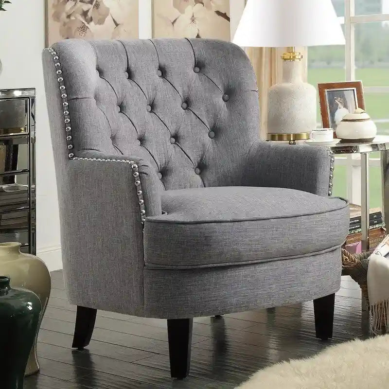 Akzentsessel mit Samt- und Leinenbezug, 76 cm breit, mit Knopfheftung und Wingback-Rücken