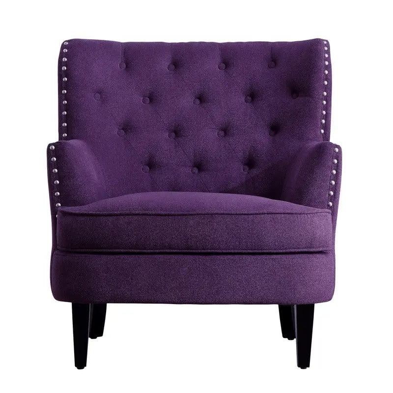 Akzentsessel mit Samt- und Leinenbezug, 76 cm breit, mit Knopfheftung und Wingback-Rücken