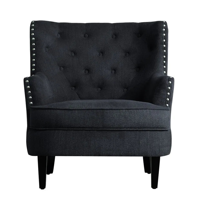 Akzentsessel mit Samt- und Leinenbezug, 76 cm breit, mit Knopfheftung und Wingback-Rücken