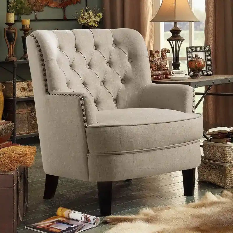 Akzentsessel mit Samt- und Leinenbezug, 76 cm breit, mit Knopfheftung und Wingback-Rücken