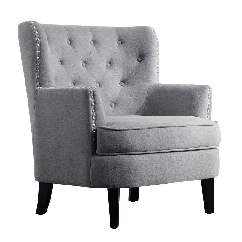 Sillón decorativo capitoné con respaldo de alas, de terciopelo y lino, de 30 pulgadas de ancho