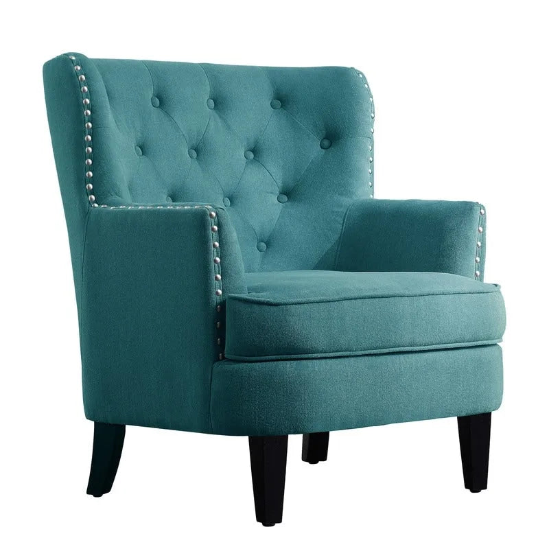 Akzentsessel mit Samt- und Leinenbezug, 76 cm breit, mit Knopfheftung und Wingback-Rücken