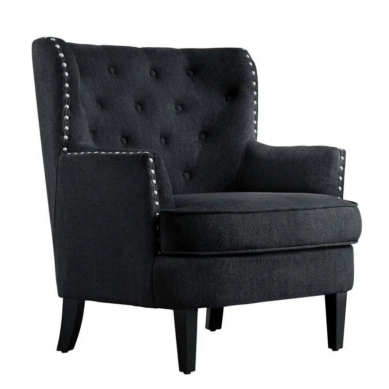 Sillón decorativo capitoné con respaldo de alas, de terciopelo y lino, de 30 pulgadas de ancho