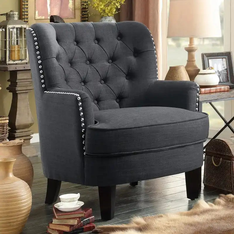 Sillón decorativo capitoné con respaldo de alas, de terciopelo y lino, de 30 pulgadas de ancho