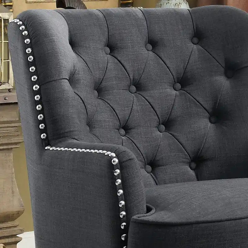 Sillón decorativo capitoné con respaldo de alas, de terciopelo y lino, de 30 pulgadas de ancho