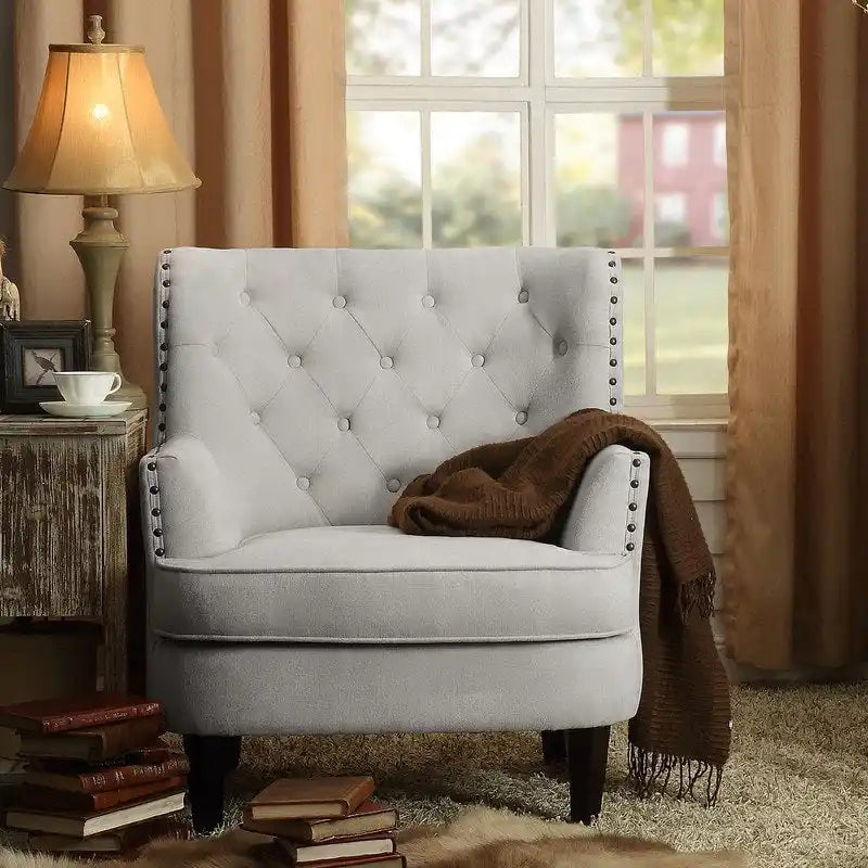 Sillón decorativo capitoné con respaldo de alas, de terciopelo y lino, de 30 pulgadas de ancho
