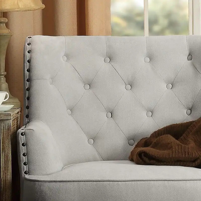 Sillón decorativo capitoné con respaldo de alas, de terciopelo y lino, de 30 pulgadas de ancho