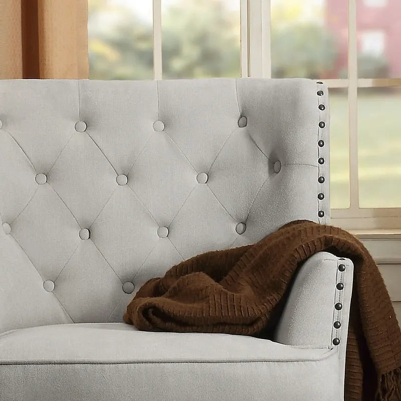 Sillón decorativo capitoné con respaldo de alas, de terciopelo y lino, de 30 pulgadas de ancho