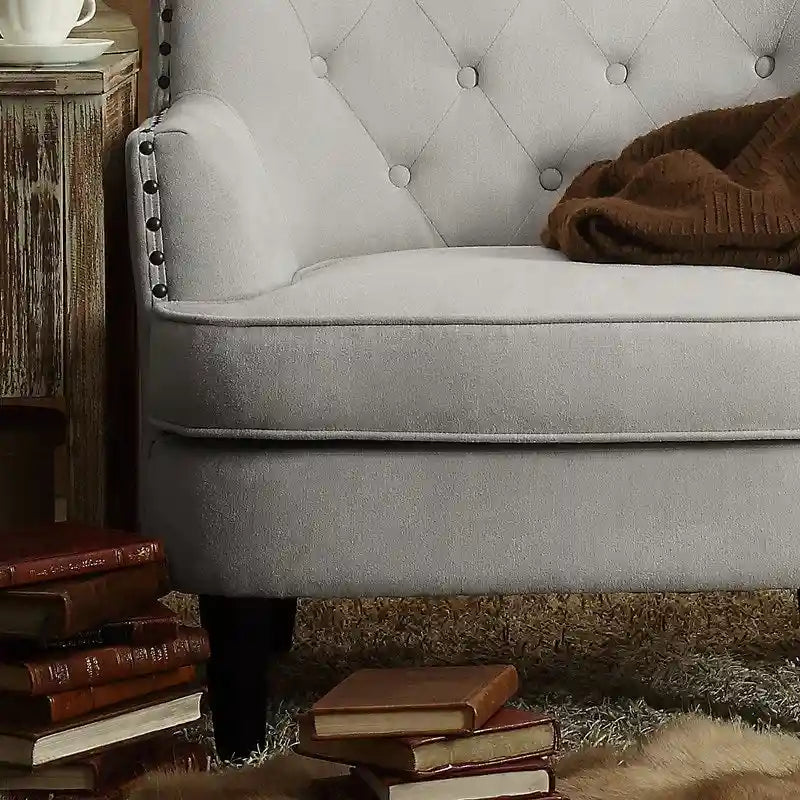 Sillón decorativo capitoné con respaldo de alas, de terciopelo y lino, de 30 pulgadas de ancho