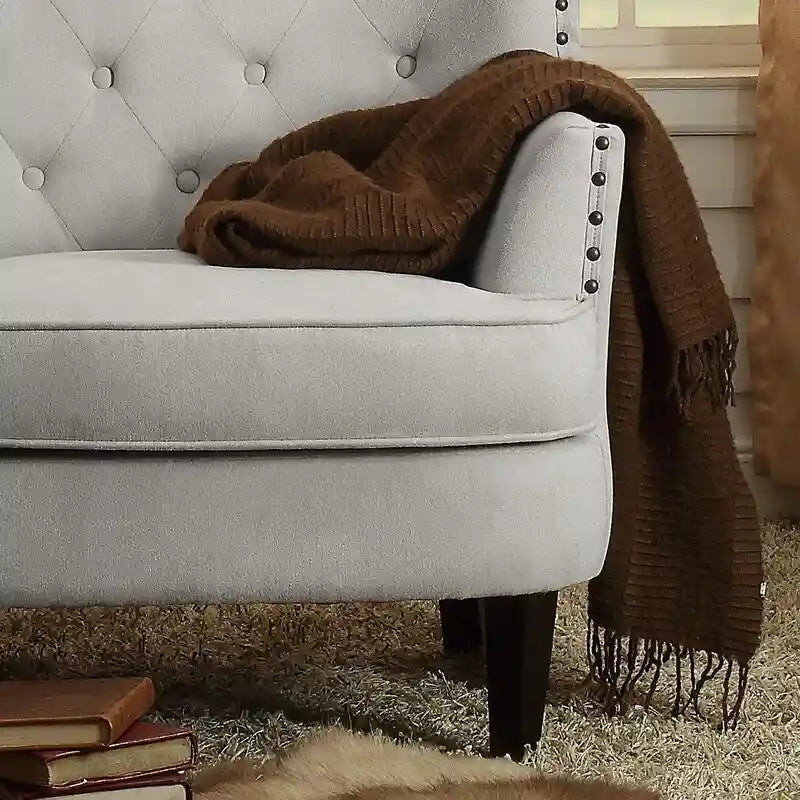 Sillón decorativo capitoné con respaldo de alas, de terciopelo y lino, de 30 pulgadas de ancho