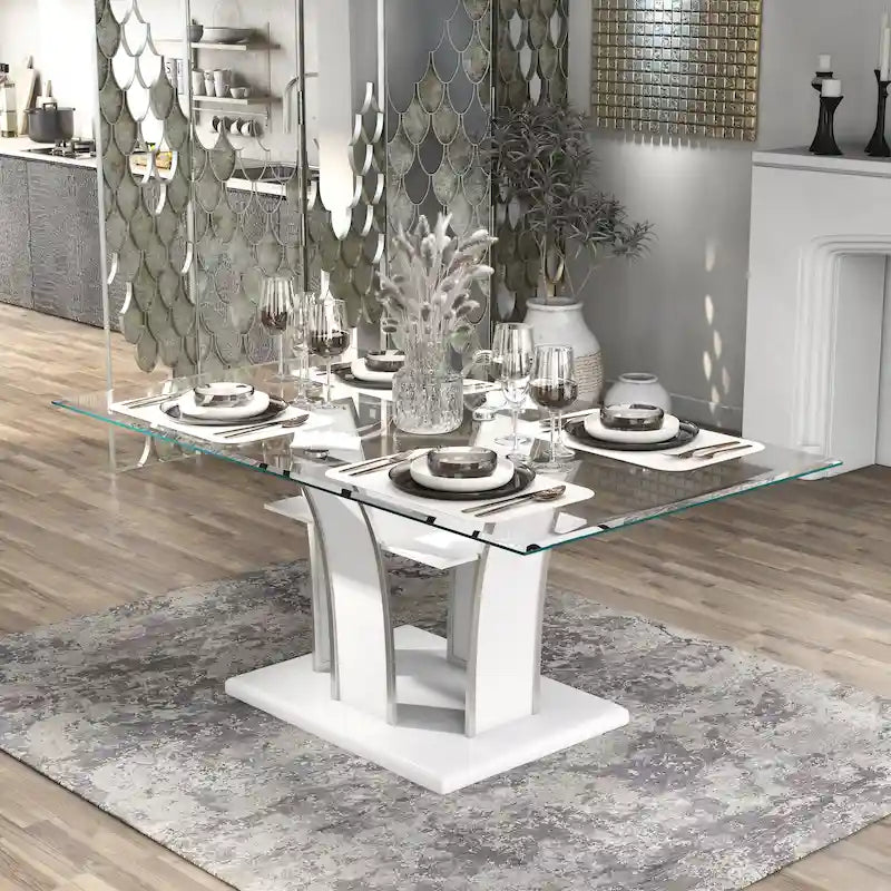 Tavolo da pranzo moderno in legno con piano in vetro, 72 pollici