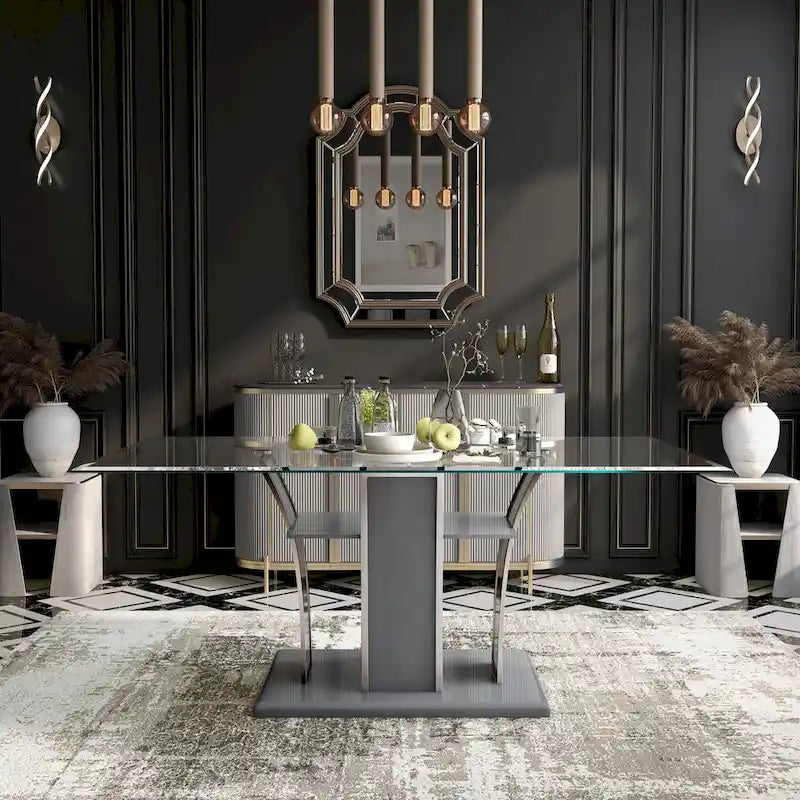 Tavolo da pranzo moderno in legno con piano in vetro, 72 pollici