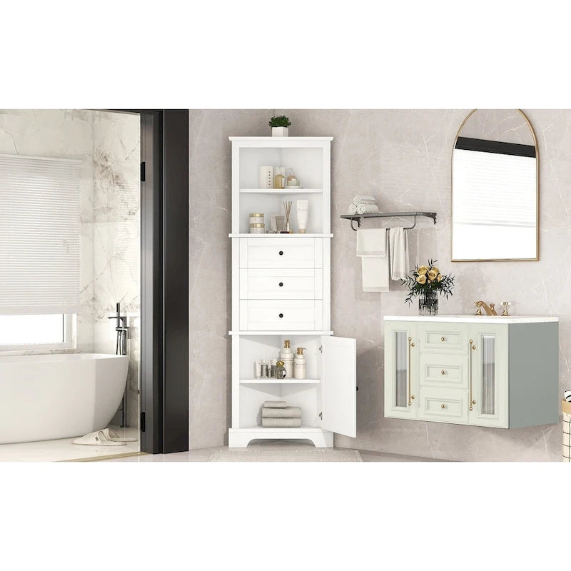 Τριγωνικό ψηλό ντουλάπι με 3 συρτάρια και ρυθμιζόμενα ράφια, σανίδα MDF με βαμμένο φινίρισμα