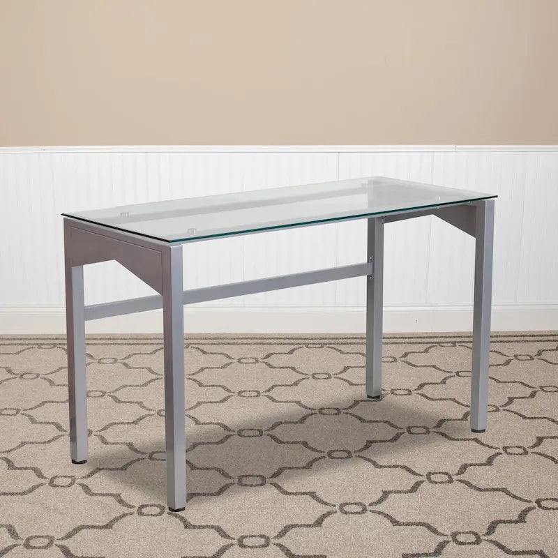 Contemporary Clear Tempered Glass Desk with Geometric Sides and Silver Frame