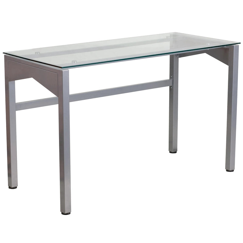 Moderner Schreibtisch aus klarem Hartglas mit geometrischen Seiten und silbernem Gestell