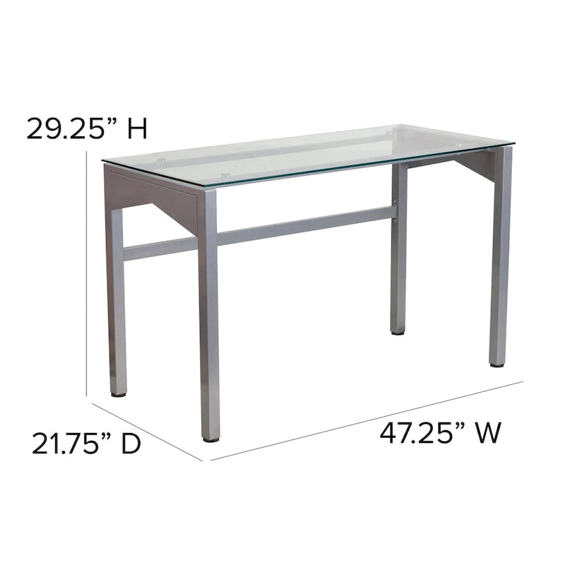 Moderner Schreibtisch aus klarem Hartglas mit geometrischen Seiten und silbernem Gestell