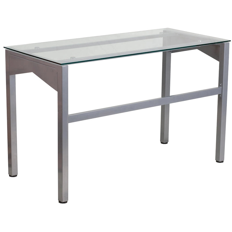 Moderner Schreibtisch aus klarem Hartglas mit geometrischen Seiten und silbernem Gestell