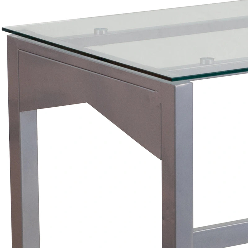 Moderner Schreibtisch aus klarem Hartglas mit geometrischen Seiten und silbernem Gestell