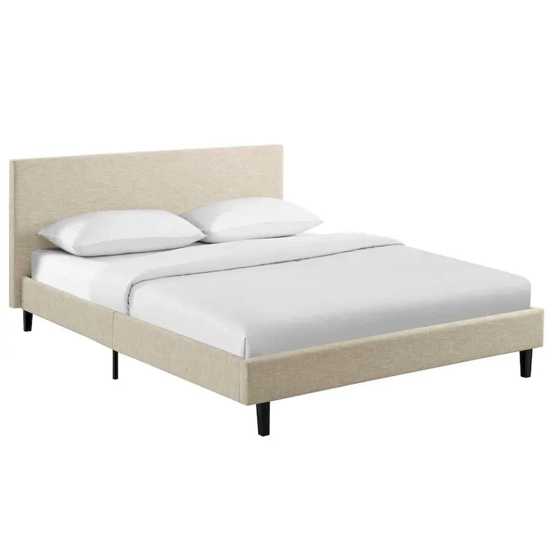 Κρεβάτι πλατφόρμας queen size με επενδεδυμένο κεφαλάρι και ξύλινο πλαίσιο