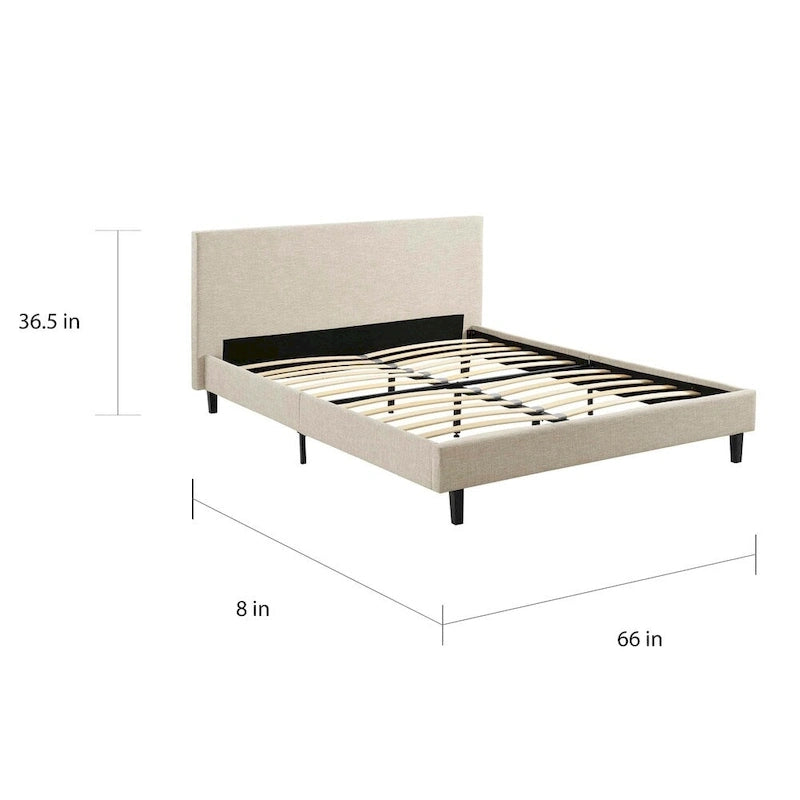 Κρεβάτι πλατφόρμας queen size με επενδεδυμένο κεφαλάρι και ξύλινο πλαίσιο