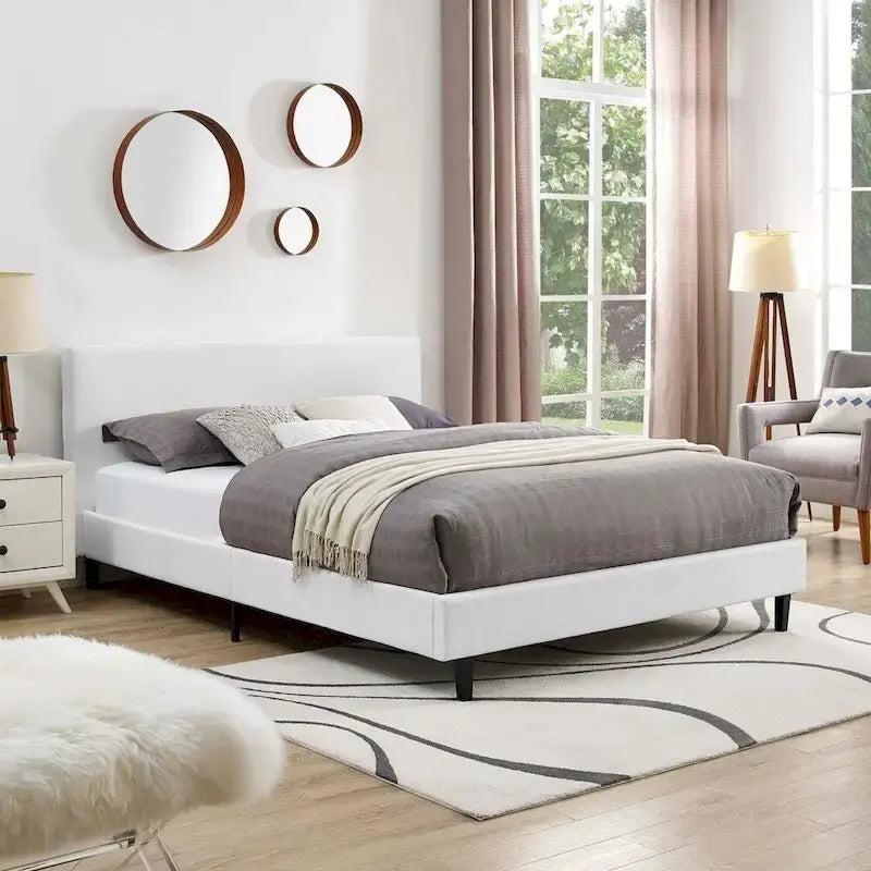 Κρεβάτι πλατφόρμας queen size με επενδεδυμένο κεφαλάρι και ξύλινο πλαίσιο