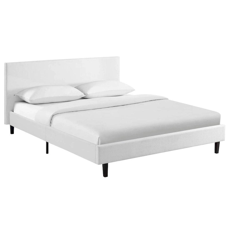 Κρεβάτι πλατφόρμας queen size με επενδεδυμένο κεφαλάρι και ξύλινο πλαίσιο
