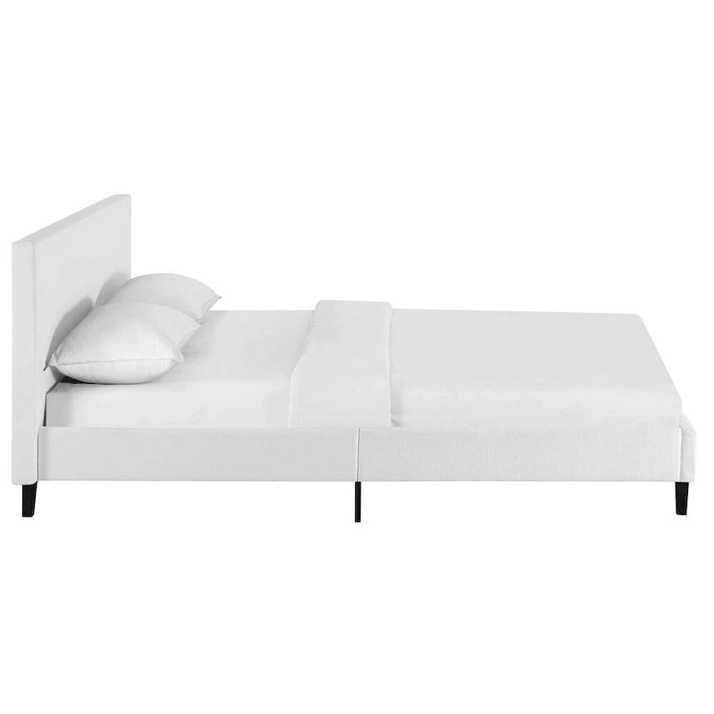 Κρεβάτι πλατφόρμας queen size με επενδεδυμένο κεφαλάρι και ξύλινο πλαίσιο