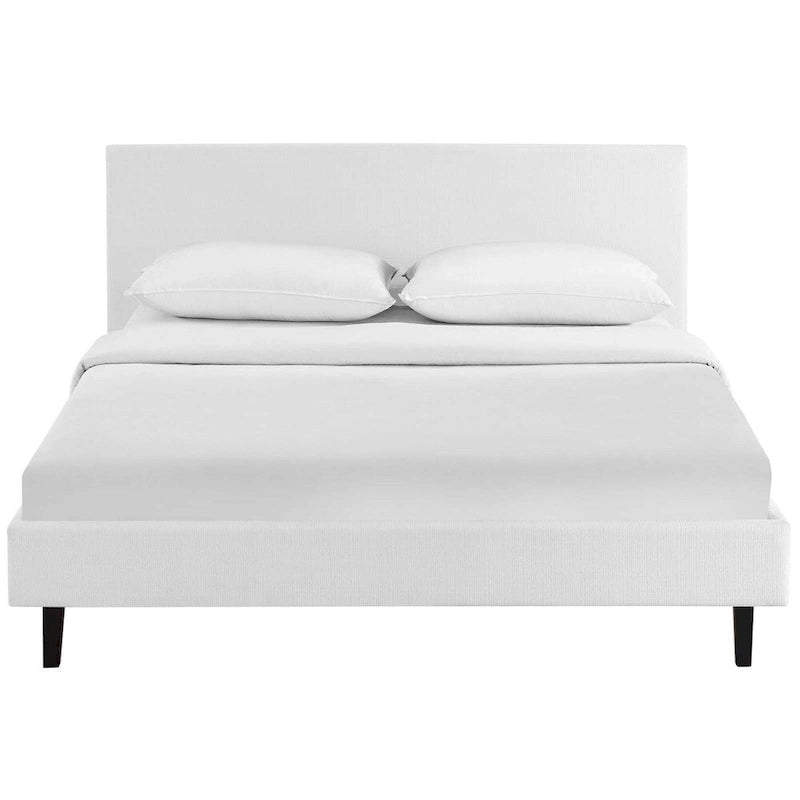 Κρεβάτι πλατφόρμας queen size με επενδεδυμένο κεφαλάρι και ξύλινο πλαίσιο