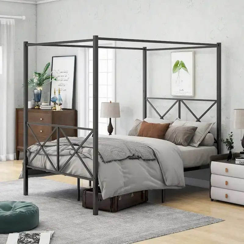 Full Size Metal Canopy Bed Frame with X Shaped Frame