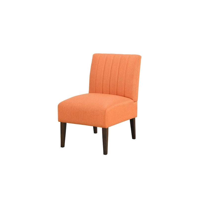 Paula 30 Inch Accent Chair, Orange Fabric, Channel Tufted Back, Brown Wood