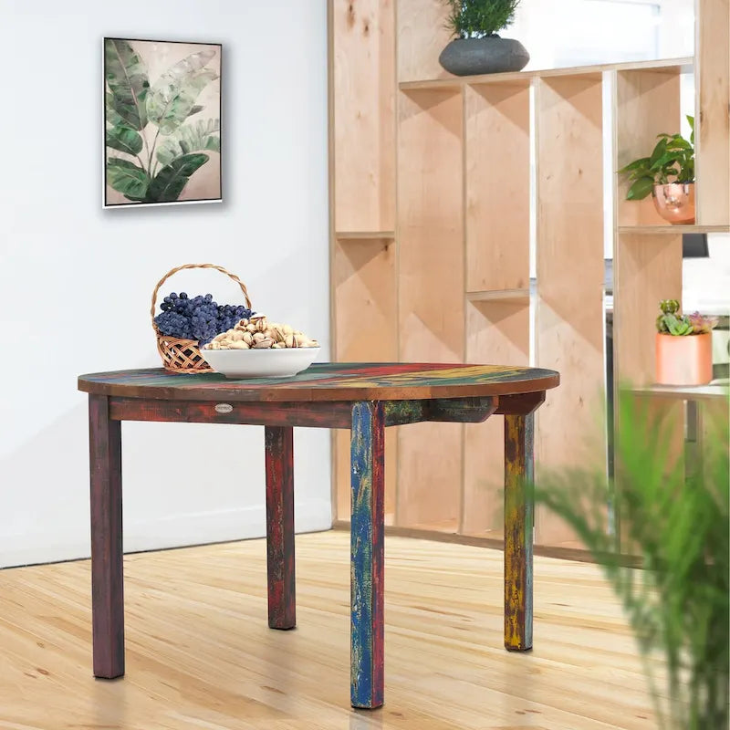 Tavolo da pranzo rotondo realizzato con barche in legno di teak riciclato, 48 pollici
