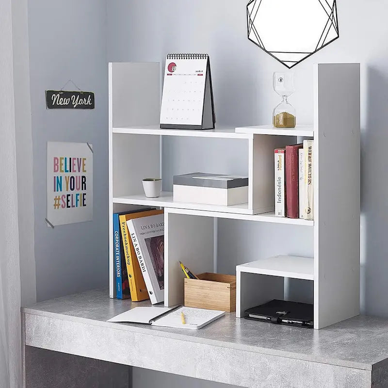 Bureau compact réglable avec bibliothèque pour résidence universitaire, blanc